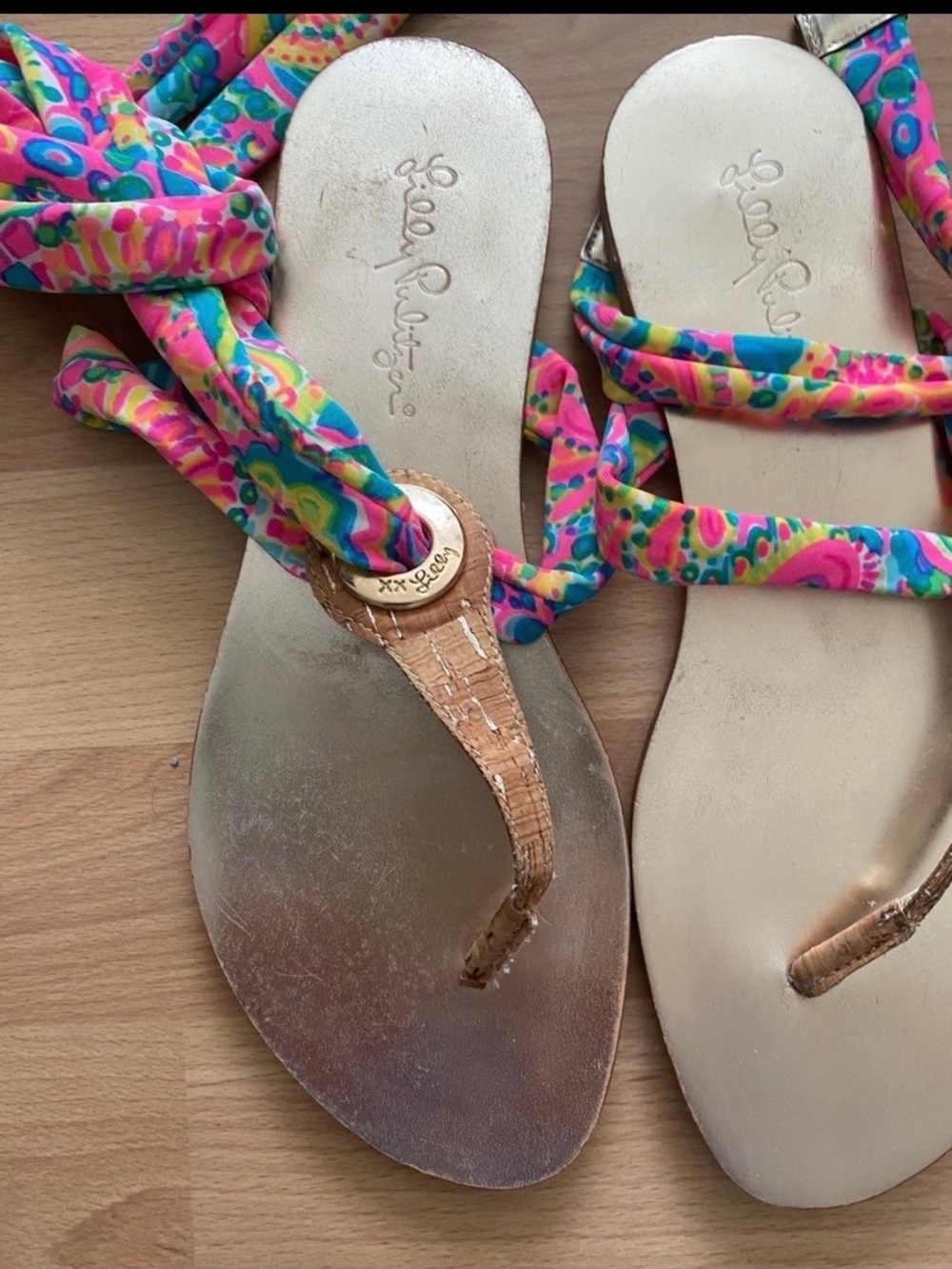 Lilly Pulitzer Sandals Colorful Tie-Strap Metallic Thong size 6/7 New - Picture 2 of 6